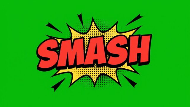 Dynamic Comic Style Impact Scene with Multiple Smash Graphics on Bright Green