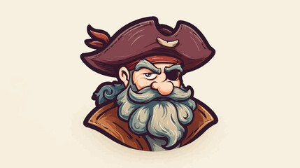 A cartoon pirate head in a brown coat with a beard, hat, and eye patch, on a cream background