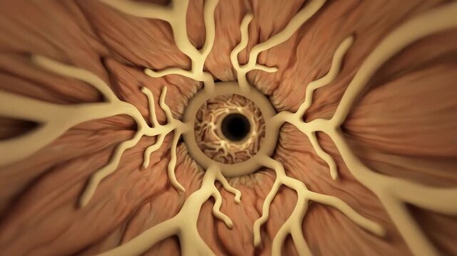 Structural differences across branching levels: primary bronchi with thick cartilage rings, secondary bronchi with partial plates, and bronchioles with pure smooth muscle