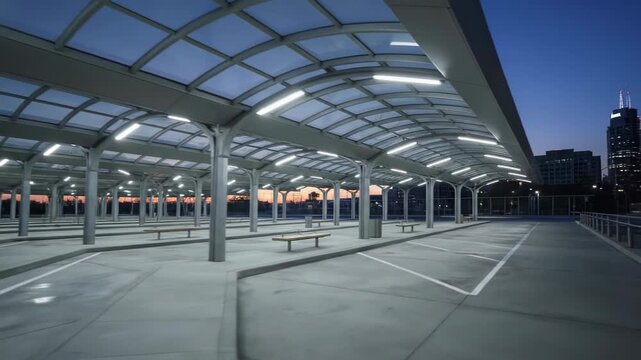 Modern empty bus terminal with glass canopy and glowing led lights at sunset against a city skyline