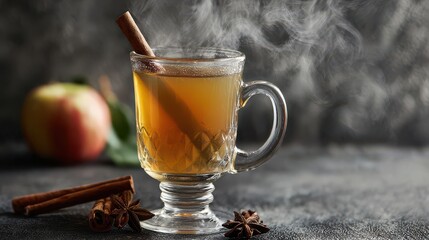 Hot apple cider with cinnamon stick and spices served in glass cup on dark surface with apple and star anise in background