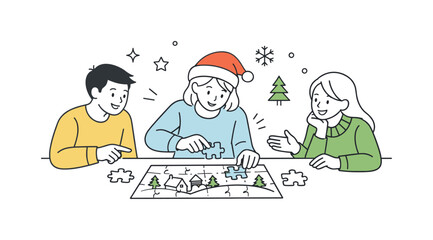 Holiday Puzzle Teamwork. Friends doing holiday puzzle teamwork. One friend placing a piece while others watch and suggest, cooperative spirit and friendly