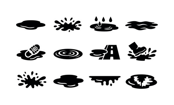 Mud Puddles Icon Set. Mud Puddles. Solid icon set of Mud Puddles: shallow mud puddle, splashed puddle, rain mud pool, muddy water, puddle footprint, puddle