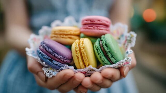 24Close-up of hands holding a stack of colorful macarons, delicate textures of pastry and fingers sharply focused, blurred soft pastel background, hands holding objects, food, and cu