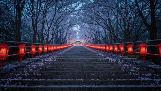 桜が舞う春の参道石段と朱の灯籠が続く黄昏の神社風景