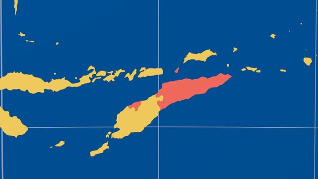 Timor-Leste on Globe. Animated zoom into the country in Ocean Blue Golden Yellow color palette. Timor-Leste logo animation. Map with meridians, parallels. Charming video.