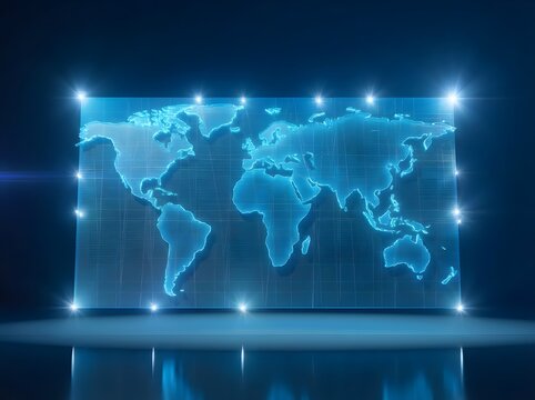 A glowing blue holographic world map displayed on a futuristic screen with bright lights, representing global technology and connectivity. - Powered by Adobe