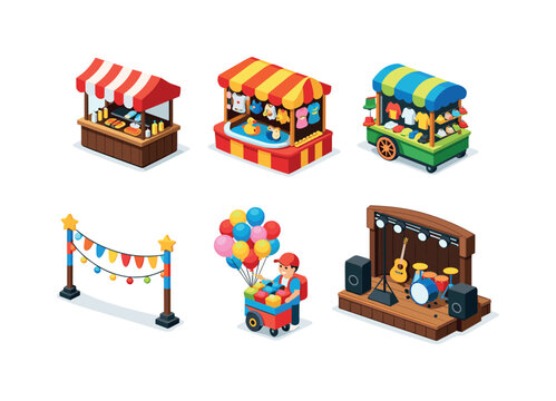 Street Fair Essentials. Street fair graphics. Isometric flat vector icons set of Street fair graphics: food stall booth, carnival game stand, merchandise cart,