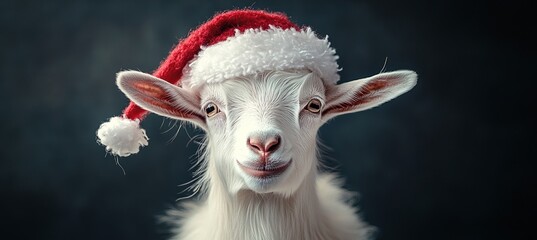 Charming portrait of a joyful goat wearing a festive Santa hat with furry trim for the holidays.