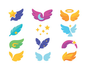 Naklejka premium Celestial Wings Icons. Celestial wings. Colorful flat vector icons set of celestial wings: star-touched wing, moonlit wing, radiant halo wing, cosmic feather,