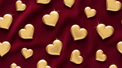 Obraz premium Golden hearts scattered on a luxurious red fabric background a romantic pattern