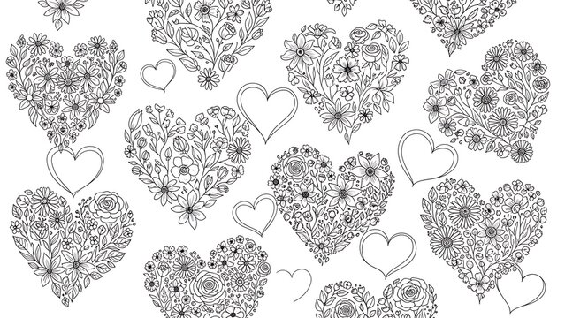 Intricate floral hearts form a beautiful repeating pattern on a white background