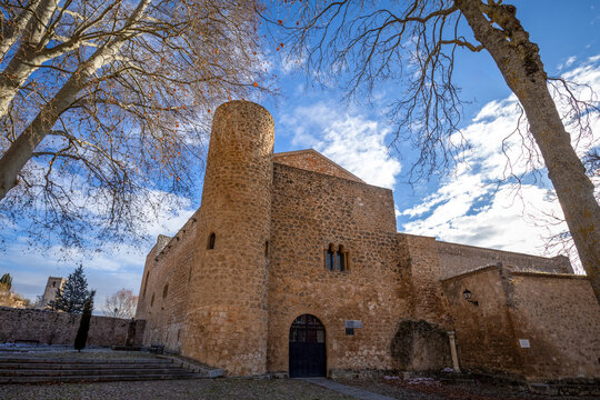 Main facade of the Pe&ntilde;a Bermeja Castle in Brihuega, Guadalajara, Castilla la Mancha, Spain, in morning light