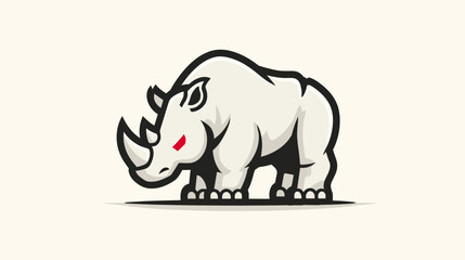A stylized illustration of a rhinoceros with bold outlines and a red eye, set against a light background