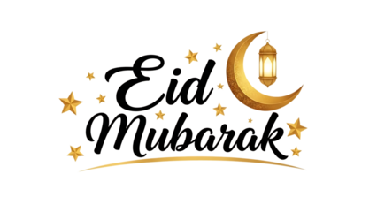 Eid mubarak greeting with golden crescent moon and stars on transparent background