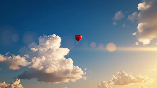 Red heart balloon floating in a blue sky with clouds and sunlight. Romantic love symbol for Valentine's Day celebration