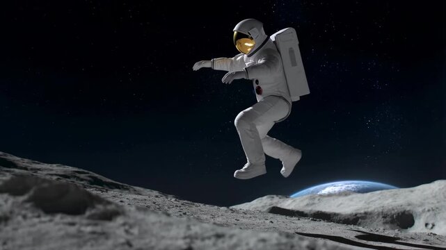 An astronaut is dancing on the surface of the moon, with their arms raised in a celebratory pose, against the backdrop of Earth and a starry sky