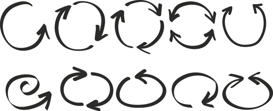 Hand drawn doodle black arrow and circular refresh cycle collection set vector