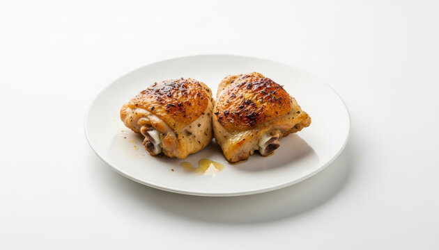 Plate with baked chicken thighs served simply, isolated on transparent background