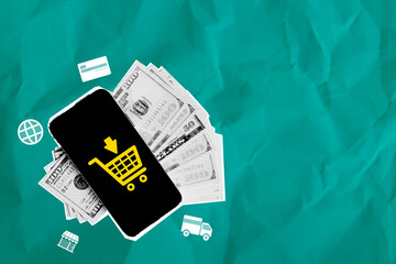 Smartphone with shopping cart symbol on pile of money. Mixed media art representing...