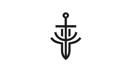 A symmetrical black and white emblem featuring a stylized sword design on a white background