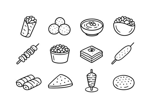Middle Eastern Street Food Icons. Street food. Line icon set of Middle Eastern street food: shawarma wrap, falafel balls, hummus bowl, pita pocket, kebab