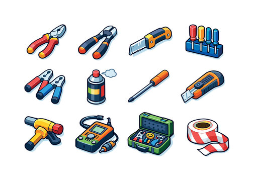 Colorful Sapper Tools Icons. Sapper tools. Colorful isometric vector icons set of sapper tools: pliers, cutters, mini saw, screwdriver set, cable clamps,