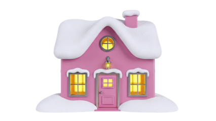 Cozy Pink Snow-Covered House with Glowing Windows