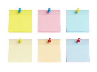 A collection of six blank sticky notes in various colors attached with pushpins  isolated on transparent background