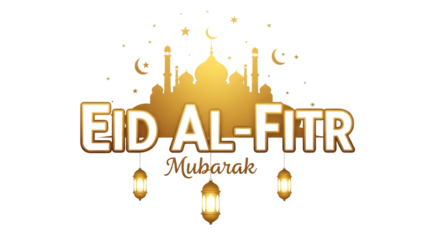 Eid alfitr mubarak greeting with mosque silhouette and lanterns isolated on transparent background