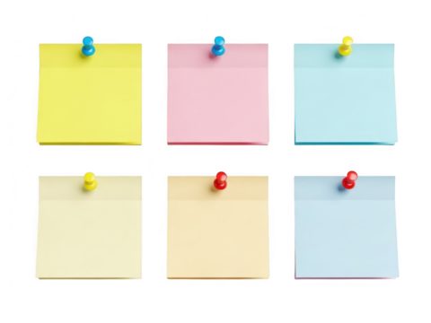 A collection of six blank sticky notes in various colors attached with pushpins  isolated on transparent background - Powered by Adobe