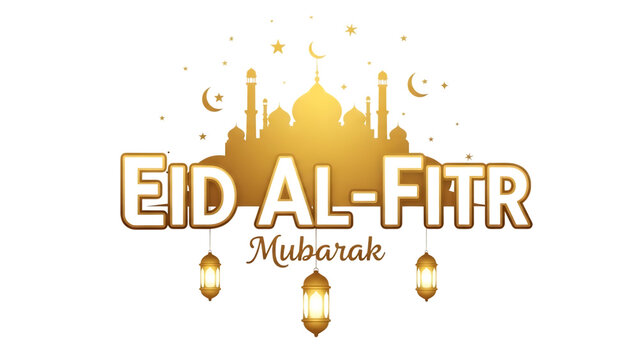 Eid alfitr mubarak greeting with mosque silhouette and lanterns isolated on transparent background