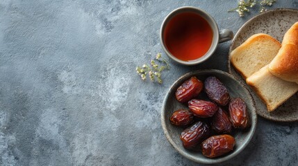 Breakfast still life with bread dates and tea on textured surface