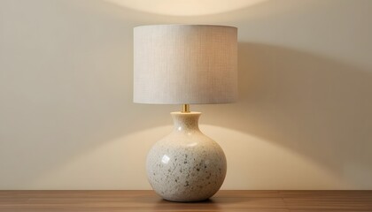 Elegant ceramic lamp with beige shade on wooden table indoors