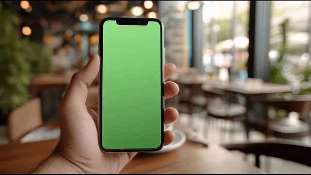 Hand holding smartphone with green screen in cafe.