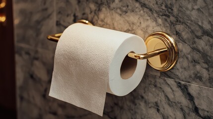Roll of white bathroom tissue placed on a golden holder attached to a marble wall in a restroom, highlighting daily use and convenience during personal care routines