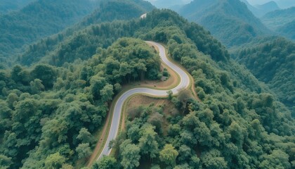 Aerial view of road in the middle of forest.Road curve construction up to mountain.Healthy environment concept and rainforest ecosystem.     




