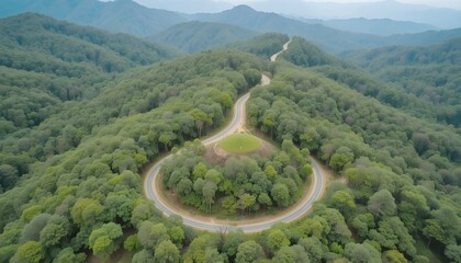 Aerial view of road in the middle of forest.Road curve construction up to mountain.Healthy environment concept and rainforest ecosystem.     




