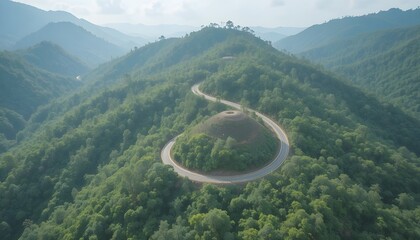 Aerial view of road in the middle of forest.Road curve construction up to mountain.Healthy environment concept and rainforest ecosystem.     




