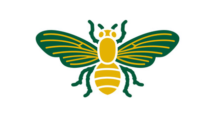 Stylized insect illustration, featuring green and yellow wings and body, white background