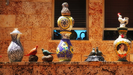 Decorative Ceramic Mosaic Vases Collection. Front View Colorful Warm Tones