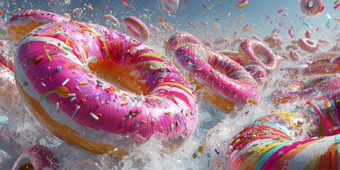 Sweet summer concept featuring strawberry donut rings in dynamic water motion, perfect for playful seasonal marketing visuals