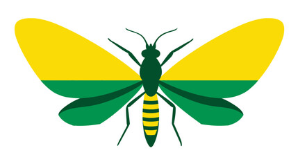 A symmetrical insect design with yellow-green wings and a matching striped abdomen