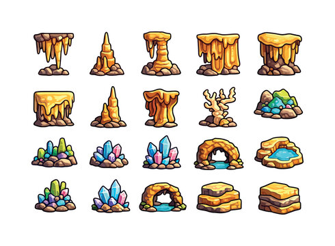 Colorful Cave Formations Icons. cave formations. Colorful isometric vector icons set of cave formations: stalactite cluster, stalagmite spike, column