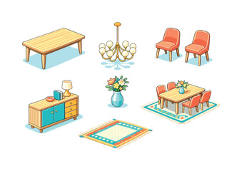 Obraz premium Bold Dining Icons. Dining Room Focus. Isometric flat vector icons set of Creating a Focal Point with Bold Furniture Pieces: large dining table, statement