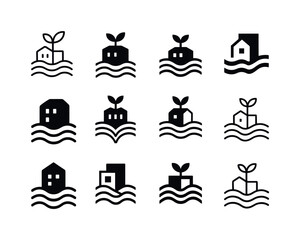 Obraz premium Urban Farming Logos. urban farming riptides. Icon set. Set Logo of urban farming riptides: rooftop garden waves. harmonious logo variations of the same