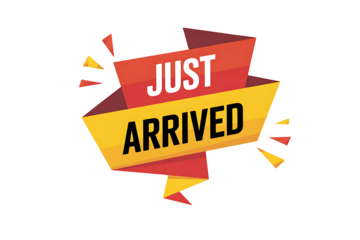 Red and Yellow Ribbon Banner with Just Arrived Text and Geometric Shapes sale promotion