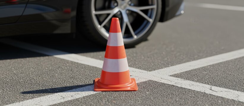 Orange and white traffic cone standing on asphalt pavement with white lines, a car wheel and body visible in the background, symbolizing a driving lesson or test