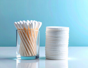 Cleaning ear. White cotton swabs and reusable cotton pads neatly stacked on a white background.
