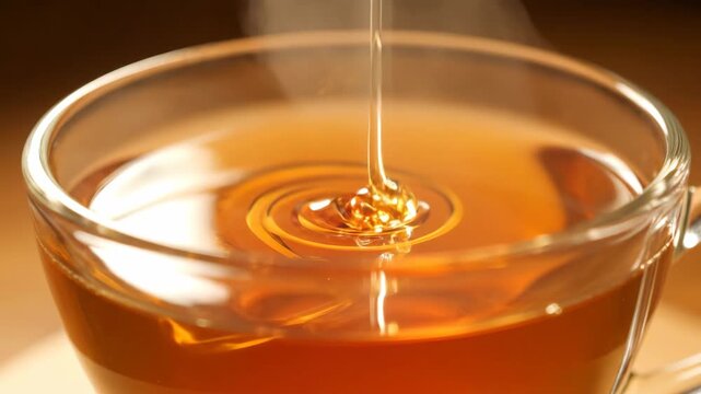 Golden stream of amber liquid pouring into a transparent glass cup